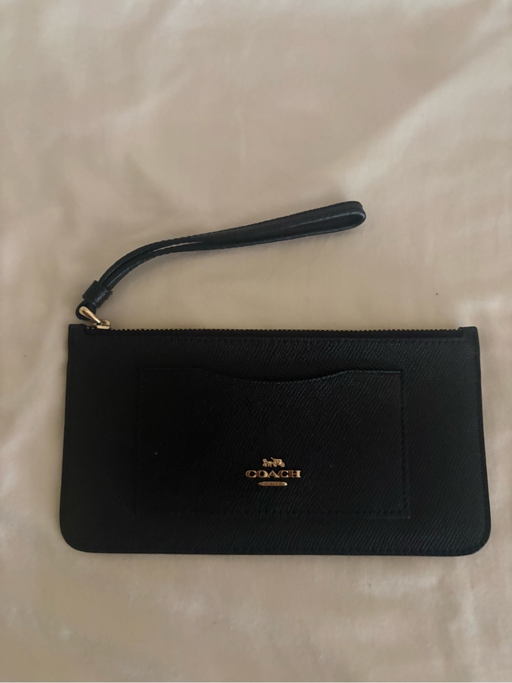 Coach Black Leather Wristlet Card Holder with Gold Logo